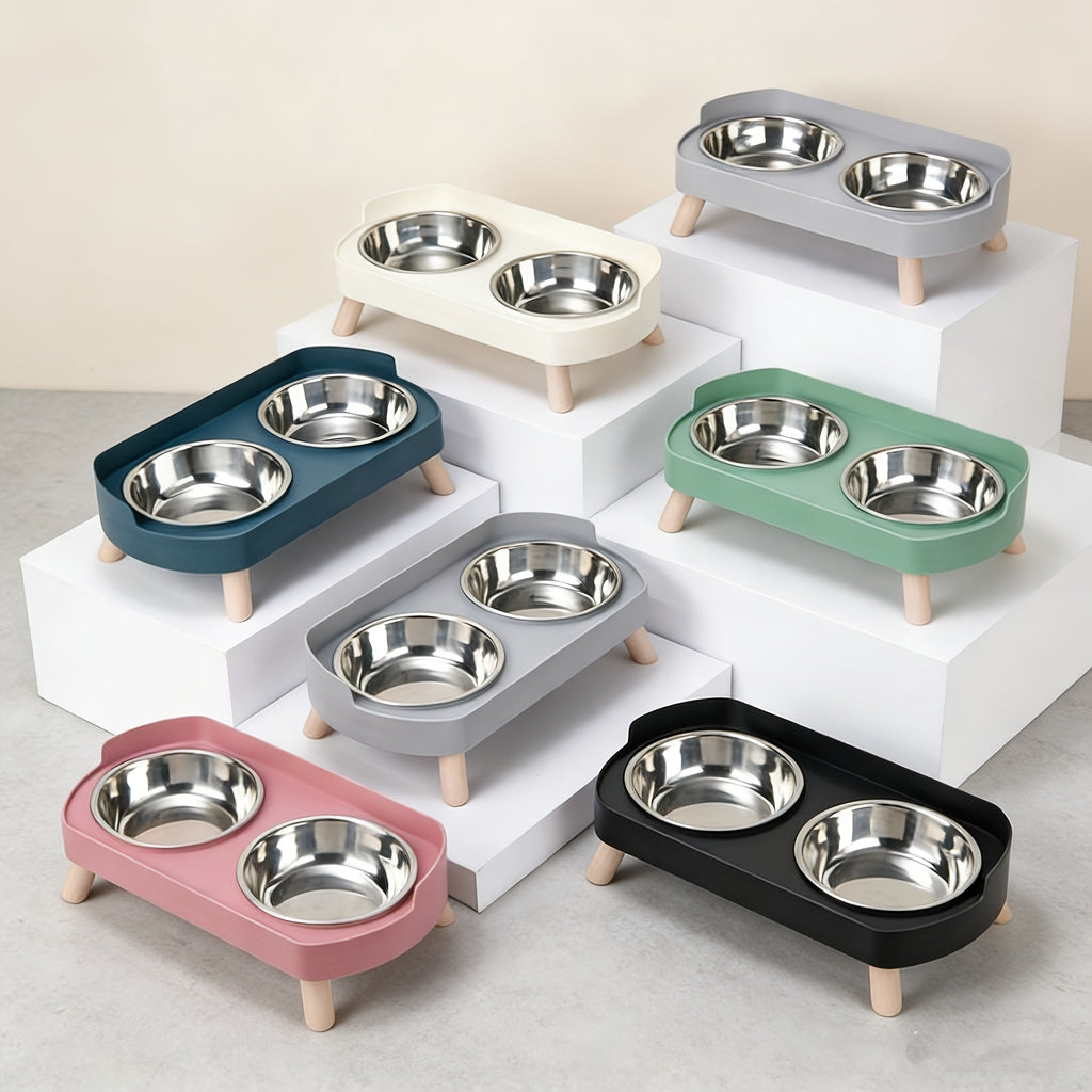 Elevated Stainless Steel Cat Bowls - Double Cat Food and Water Bowl Set, Anti-Vomit Neck Protection, Non-Slip Feeder Stand, Splash-Proof and Dishwasher Safe, Includes 2 Bowls & Pet Food Scoop for Indoor Cats