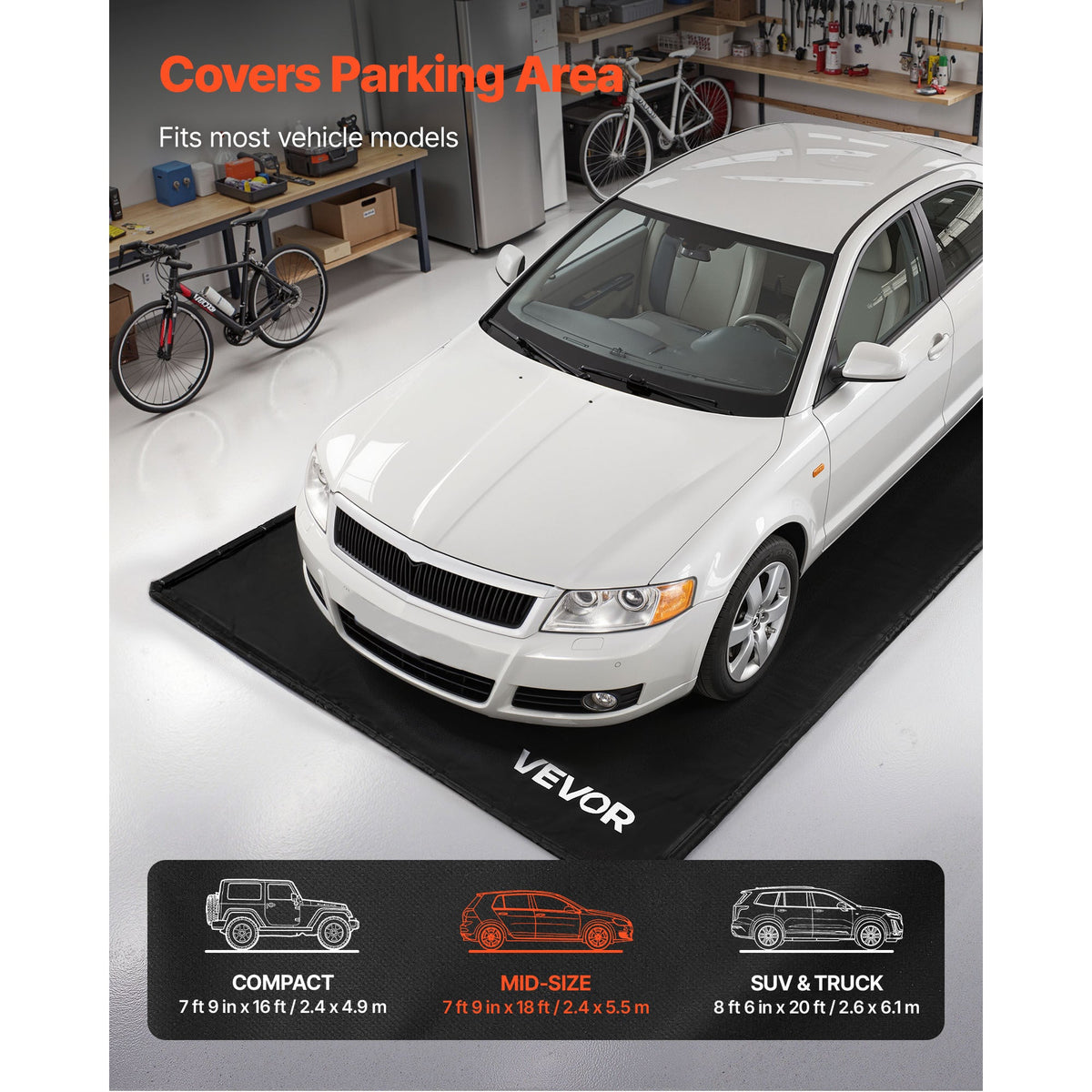 Garage Floor Containment Mat, 7 Ft 9 In x 18 Ft, PVC Non-Slip Waterproof, 30mm Raised Thickened Edge, Squeegee Included, Hook & Loop Tape, Protection from Snow, Rain & Mud, for Car Parking, Black