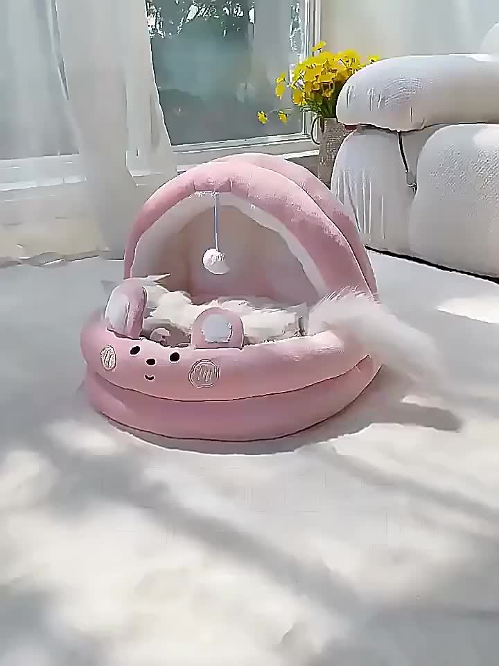 圆润毛绒猫窝及宠物垫，适合猫咪与小型犬——大号圆形甜甜圈设计，柔软舒适四季通用睡垫，含S/M/L三种尺寸，附赠趣味毛绒球，舒适猫咪午睡垫