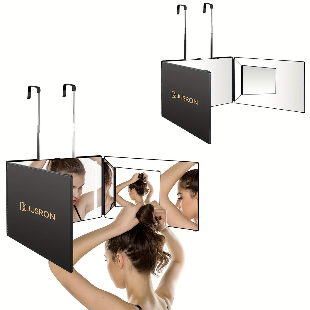 3-Way 360° Hair Cutting Mirror – Anti-Fog HD Glass Height-Adjustable Door Wall & Table Mount Self-Cut DIY Haircut Mirror with Optional LED (Single & 2-Pack)