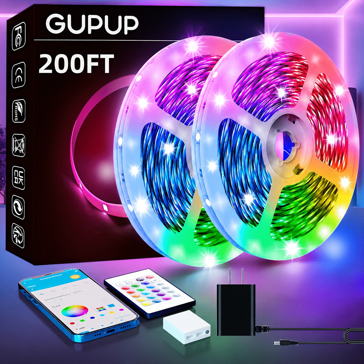 RGB LED Strip Lights App Remote Control Music Sync Dimmable Color Changing Timing – Smart LED Lights for Bedroom, Living Room, and Game Room Decor, 16.4FT to 200FT