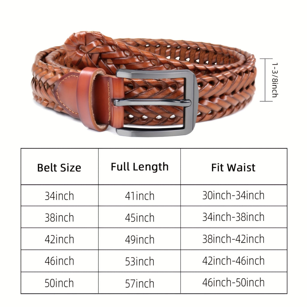Men's Leather Braided Belt 2-Pack - Casual Dress Belt for Golf Pants, Jeans, and Everyday Wear, Zinc Alloy Buckle, Multiple Colors, Sizes 34-50