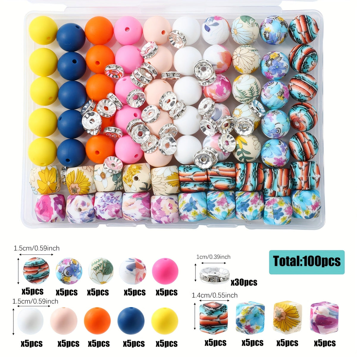 100pcs Silicone Beads Set with Storage Box, Hexagonal Striped Printed Pattern Beads for DIY Jewelry Making, Bead Pens, Keychain Pendants, Craft Supplies for Girls, Kids, Teens, and Adults