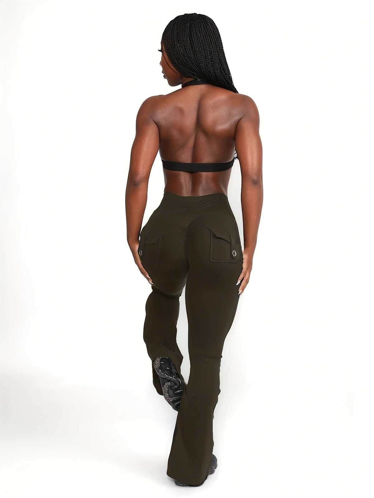 Women's High-Waisted Flare Pants 3-Pack – Butt-Lifting Tummy-Control Quick-Dry Cargo-Style Leggings, Tracksuit Casual Sports Full-Length Trousers (Black, Gray, Green)