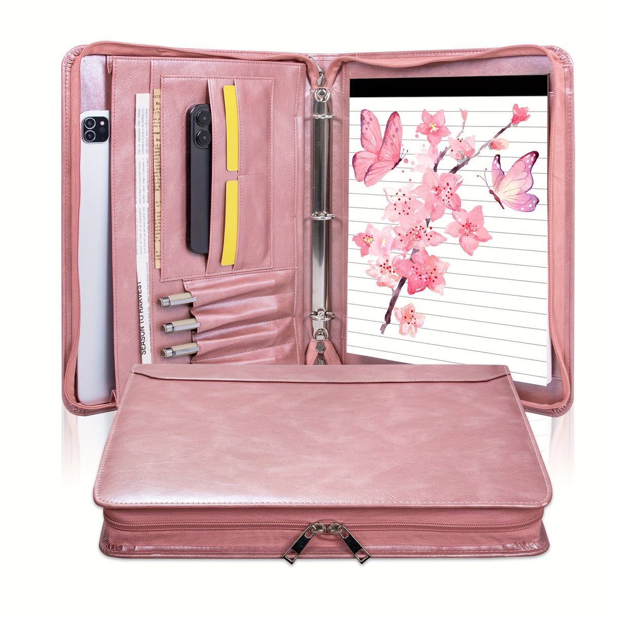 Vegan Leather Portfolio Binder, 3-Ring Zippered A4 Legal Document Organizer with Laptop Pocket for Women and Men