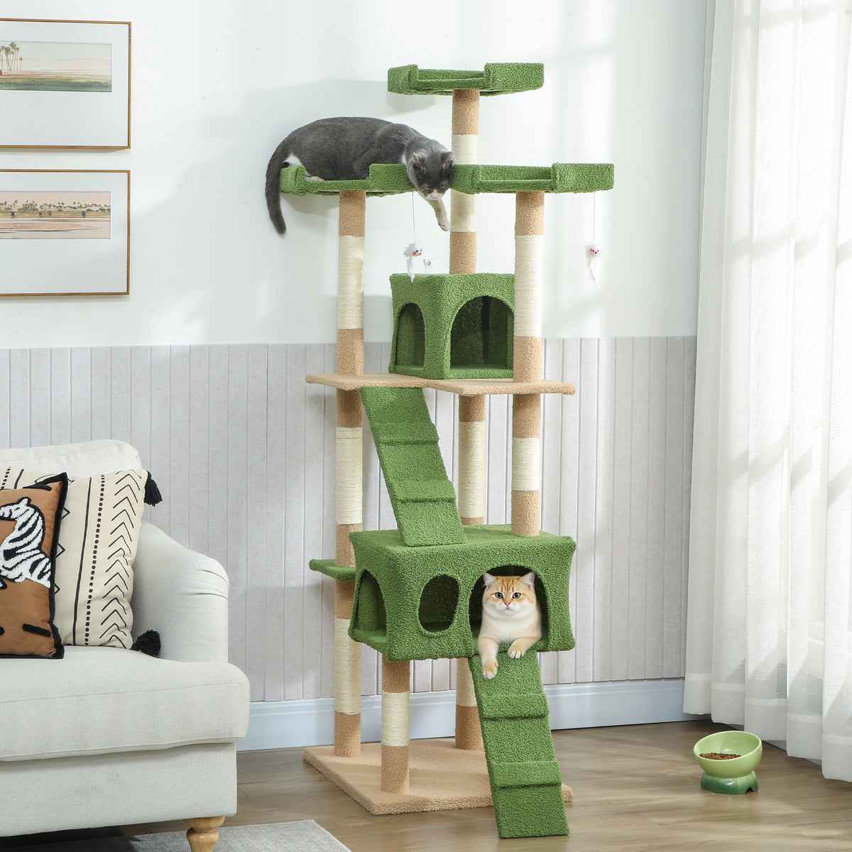 68-Inch Multi-Level Cat Tree Tower with 2 Condos, Sisal Scratching Posts, Plush Perches, Ladders & Dangling Toys, Sturdy Particle Board Base, for Cats up to 10 lbs, 19.3"x19.3"x68.1"