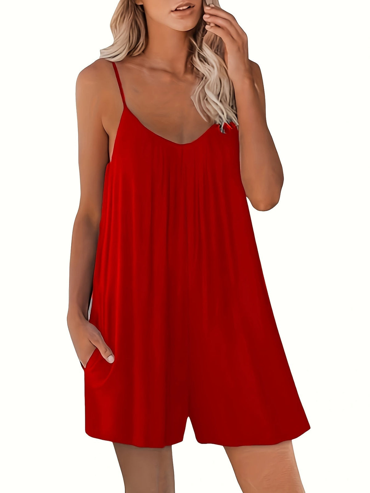 Women's Solid Color Strappy Sleeveless Cami Wide-Leg Jumpsuit with Pockets, Summer Casual Beach Romper