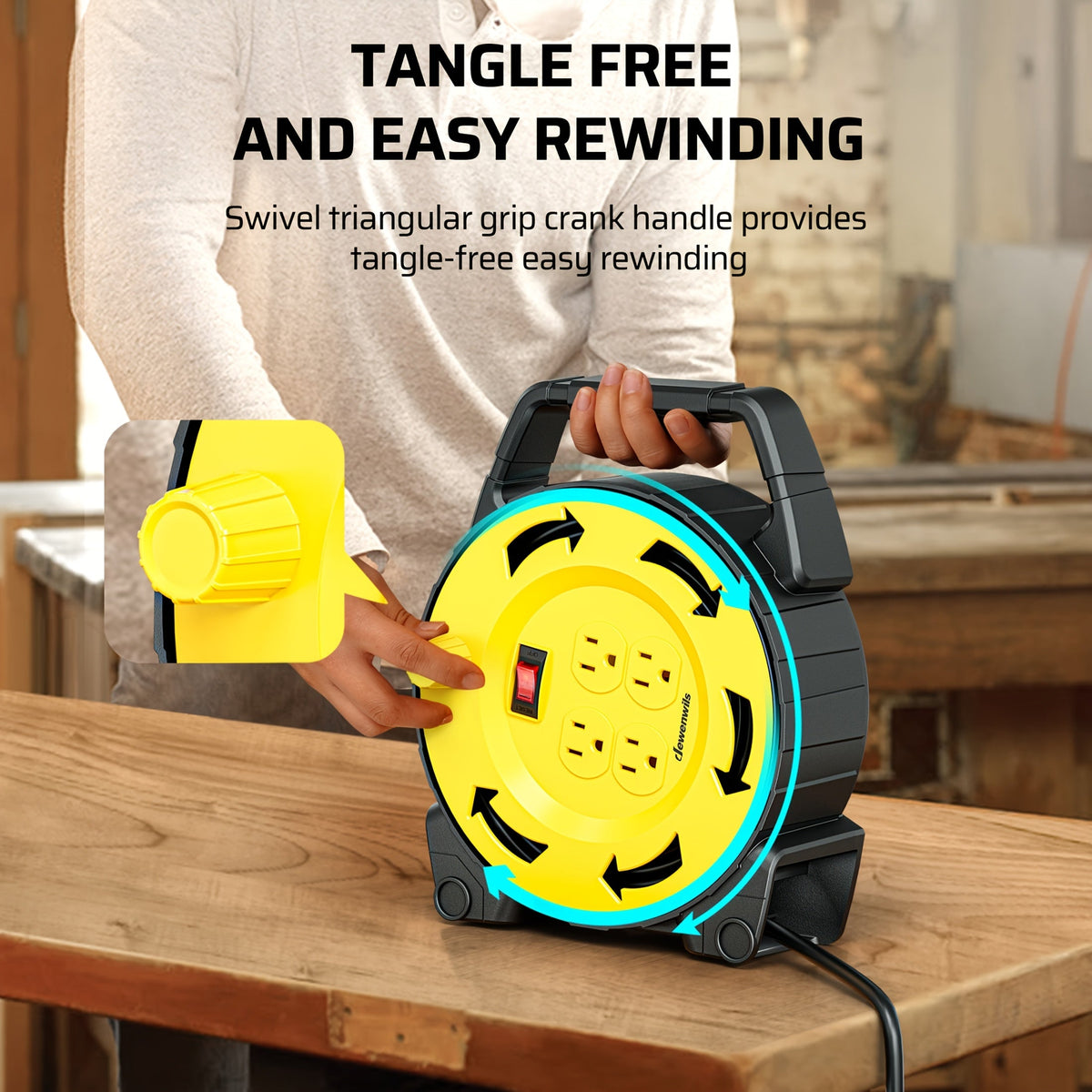 Retractable Extension Cord Reel 27 Ft 13A 125V 16/3C SJTW 4 Grounded Outlets Circuit Breaker LED Power Switch for Garage Workshop Home Blue Yellow Red