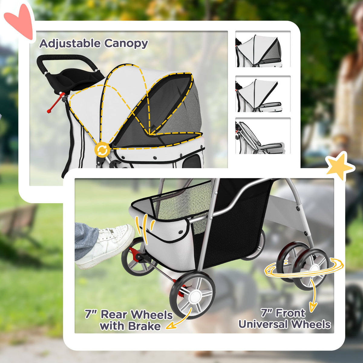 Foldable Pet Stroller for Dogs & Cats up to 22 lbs, 4-Wheel with Brake, Panoramic Mesh Windows, Reflective Strips, Removable Washable Cushion, Cup Holder & Storage Basket, Grey