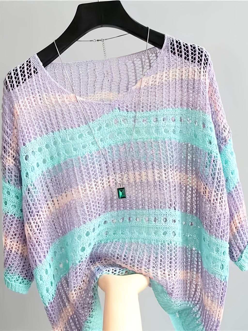 Women's Hollow Out Half Sleeve Beach Cover Up, Elegant Loose Swimsuit Cover Up, Summer Vacation Boho Tunic Top, Light Purple, White, Cyan, Black, S, M, L, XL
