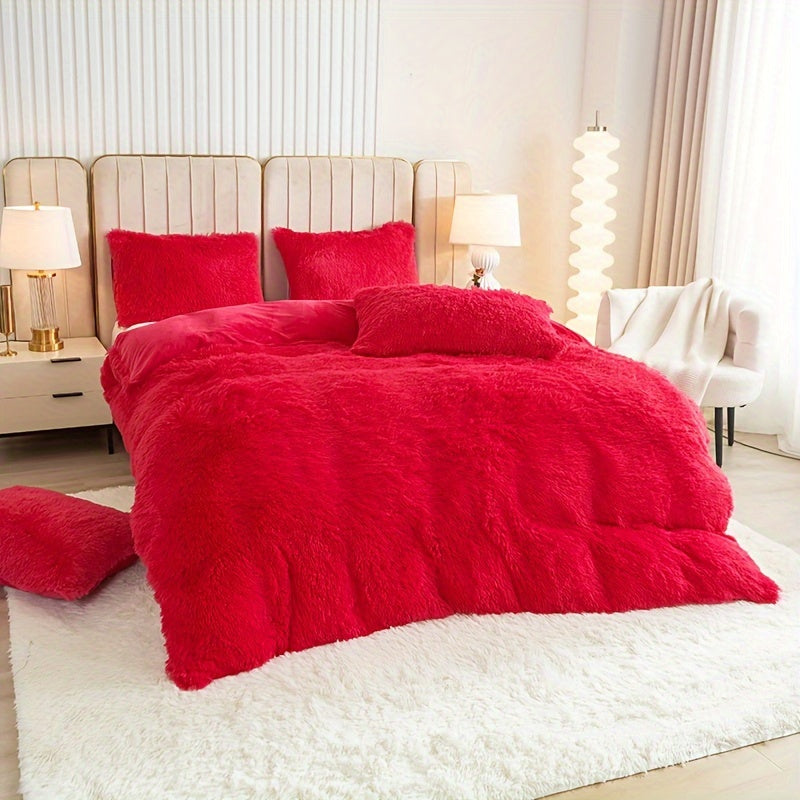 Plush Duvet Cover Set 3 Piece, Long Hair Knitted Polyester, Solid Color Fuzzy Comforter Cover with Zipper Closure, All-Season Soft Cozy Bedding Set for Bedroom, Multiple Colors Available