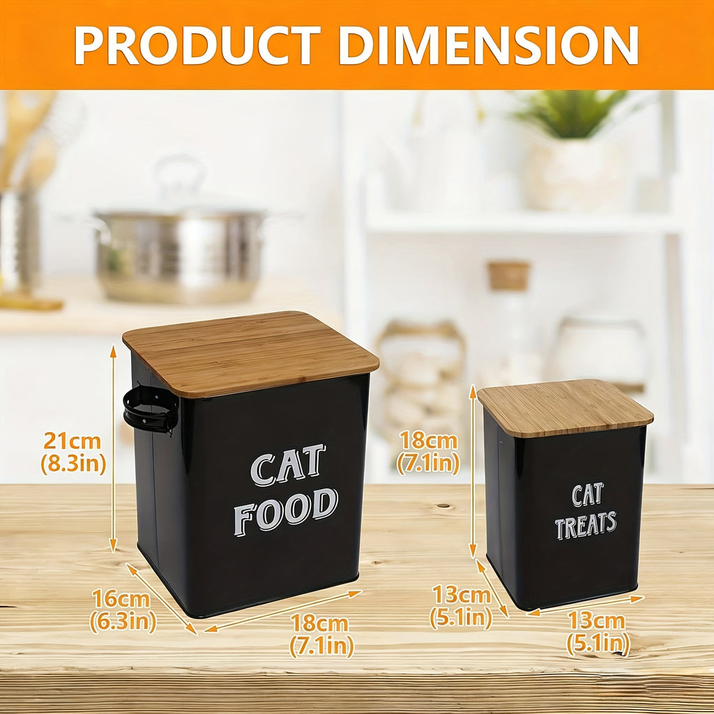 Metal Cat Food Storage Container with Scoop and Tight-Fitting Lid - Vintage Airtight Cat Treat Canister for Dry Cat Food - Stylish Pet Food Storage Tin with Locking Lid, Black