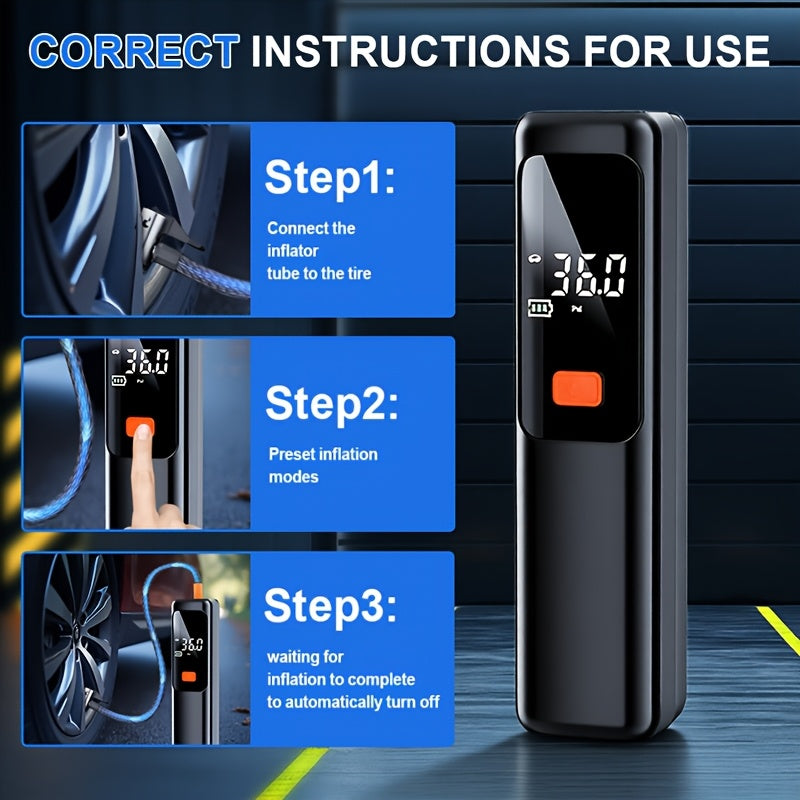Wireless Portable Tire Inflator Air Compressor with Digital LED Display, Automatic Tire Pressure Detection, USB-C Rechargeable for Car, Bicycle, Motorcycle Tires, and Basketball Inflating