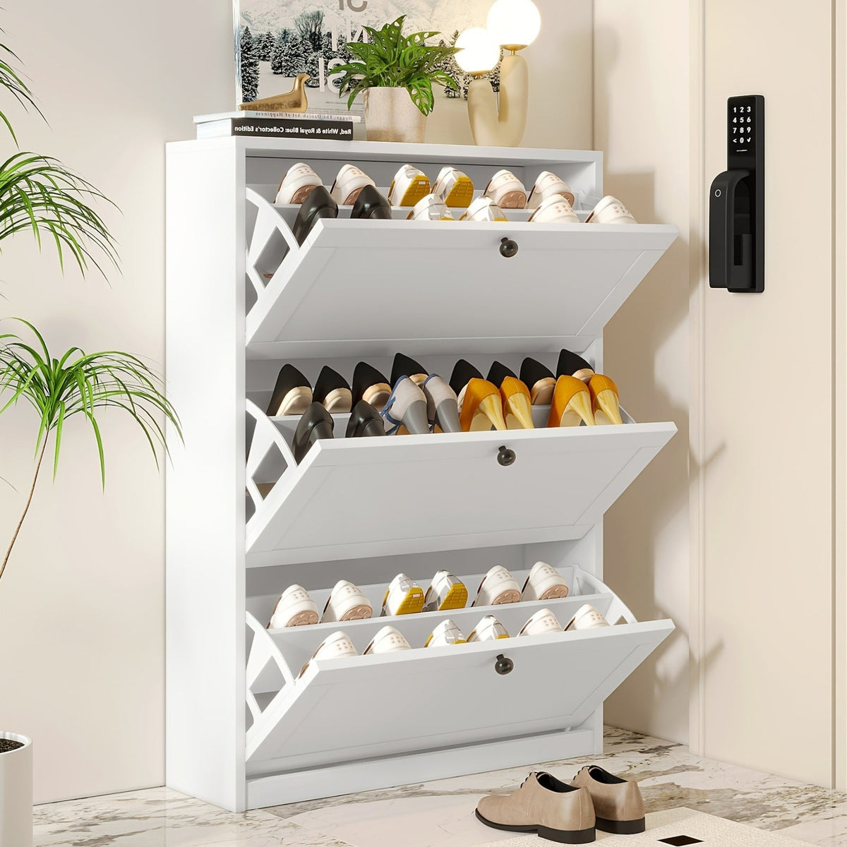 Flip Drawer Shoe Organizer with 2/3/4 Drawers, Space-Saving Shoe Rack Cabinet for Entryway Hallway Living Room Bedroom, Stackable Hidden Storage Shoe Box, Modern Home Shoe Storage Solution