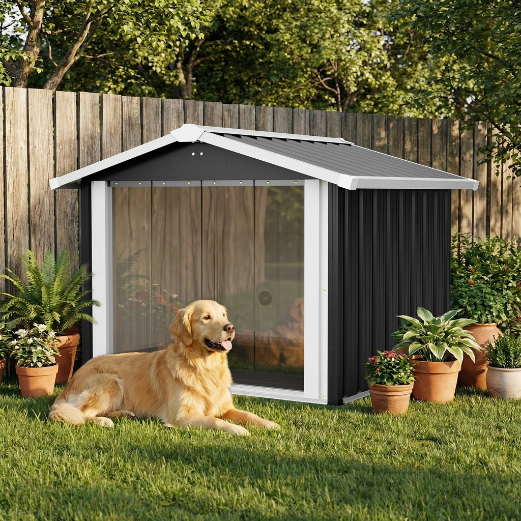 2-in-1 Metal Dog House & Storage Shed 39.7" x 35.8" x 33.3" Weather-Resistant Sloped Roof Elevated Floor Ventilation & PVC Door for Medium to Large Dogs – 30-Min Assembly