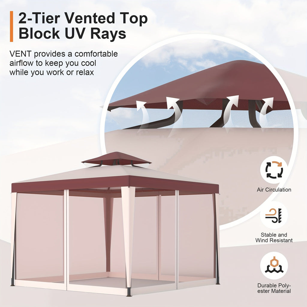 10'x10' Patio Gazebo Tent with Mosquito Netting, 100 Sq Ft Shade Canopy, 90% UV Block, Waterproof 2-Tier Polyester Roof, Rust-Resistant Steel Frame, Drainage Hole, for Garden Backyard Deck Party