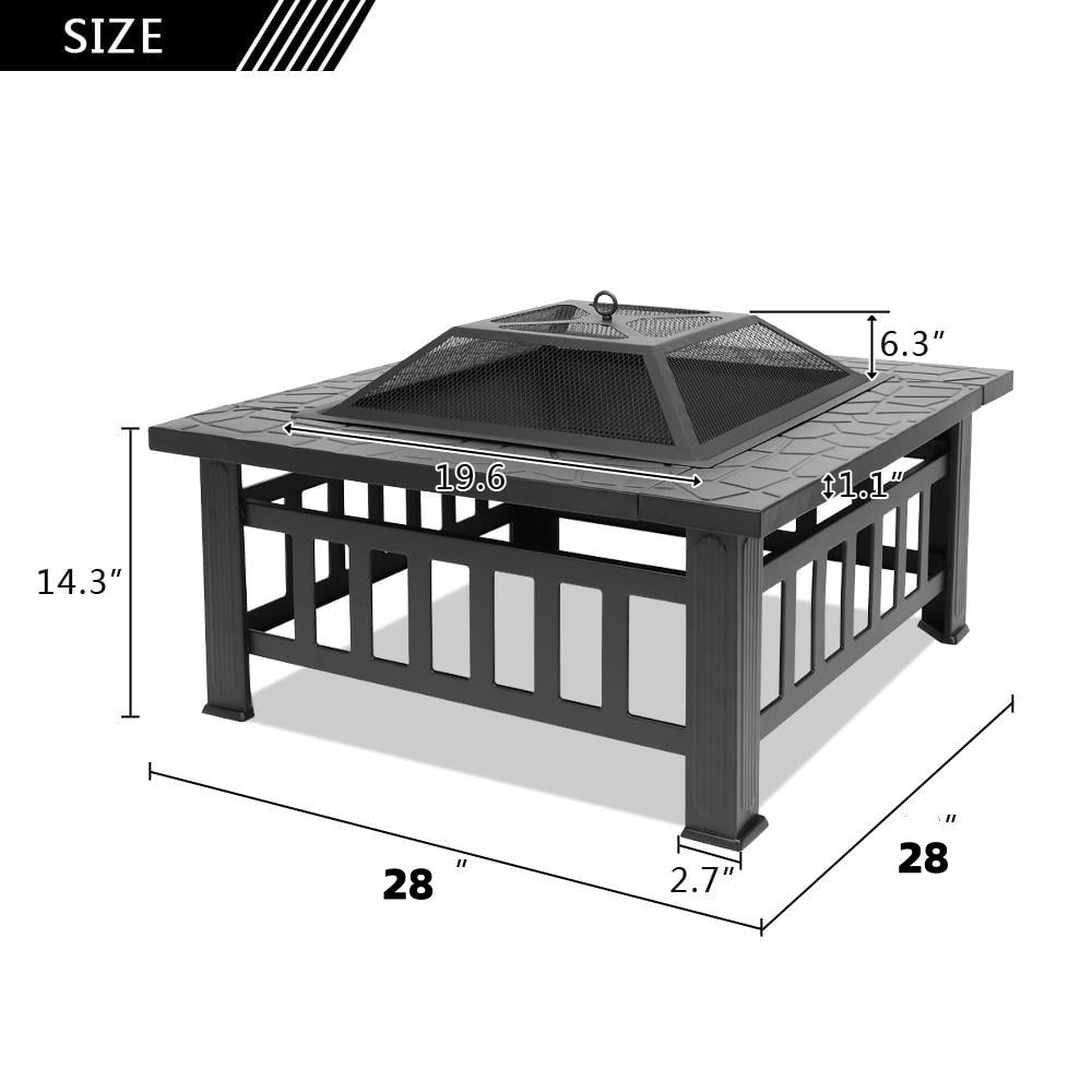 32" Square Outdoor Fire Pit Table – 3-in-1 Wood Burning Fireplace with Mesh Spark Screen BBQ Shelf & Poker Anti-Rust Metal for Patio Garden & Backyard in Black