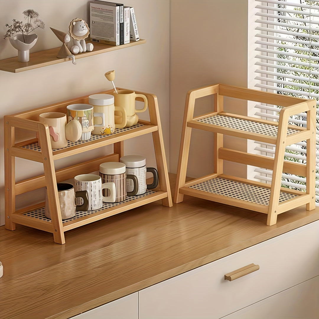 2-Tier Wooden Countertop Shelf Organizer, Vintage Trapezoidal Design, Bamboo Desktop Storage Rack for Kitchen, Office, and Bedroom, Space-Saving Counter Shelf for Coffee Cups, Books, and Decor – 1 or 2 Pack, Large & Medium