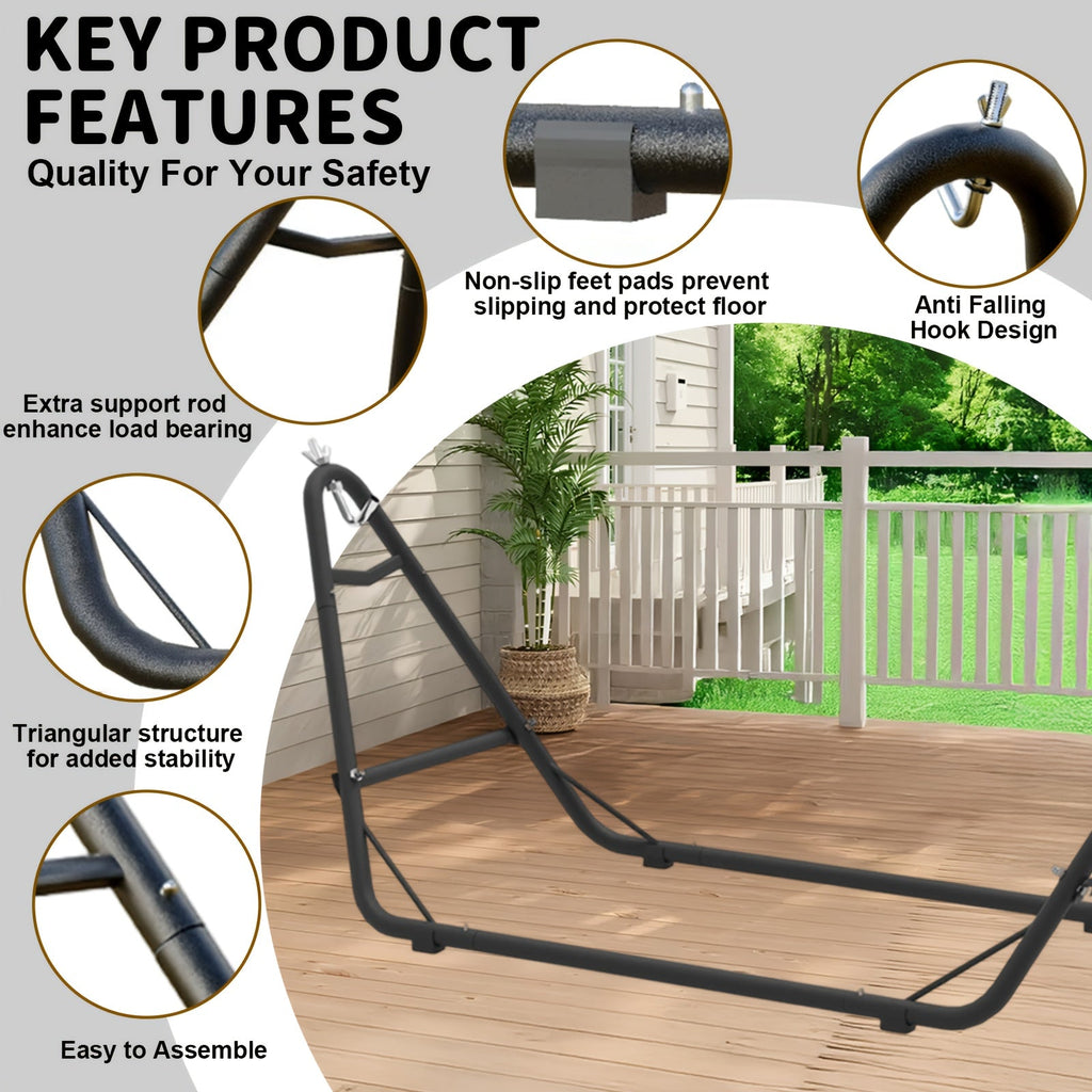 Outdoor Hammock with Sturdy Stand 600lb Capacity Anti-Rollover Safety Design for Backyard Patio Garden & Camping – Available in White & Grey