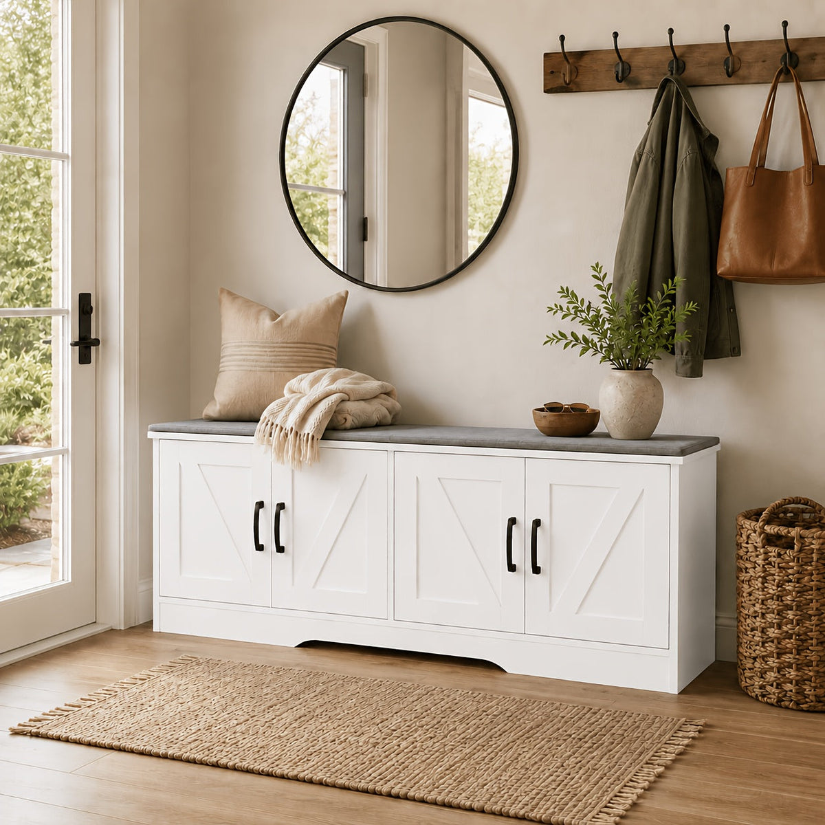43-Inch Storage Ottoman Bench with 4 Barn Doors, Large Capacity Heavy-Duty Shoe Storage Bench, Long Entryway Bench with Storage for Living Room Foyer Bedroom, Modern Farmhouse Style