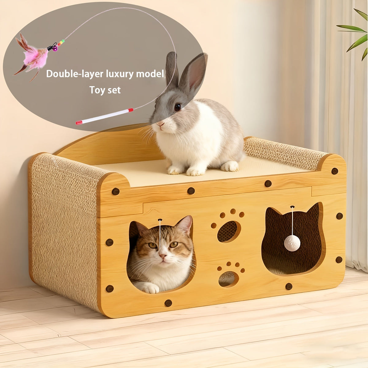 瓦楞纸猫抓屋——耐用猫窝与躲藏屋，附赠羽毛逗猫棒，通风式室内猫抓板，可选 17.7 英寸与 22 英寸两种尺寸