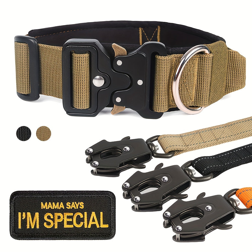 Tactical Dog Collar and Heavy Duty Elastic Leash Set for Medium and Large Dogs - High-Strength Metal Buckle Nylon Dog Collar, Stretchable Bungee Dog Leash, Outdoor Training and Walking Gear