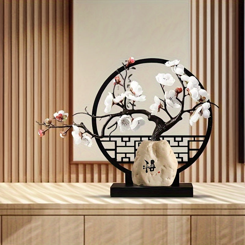 Chinese Artificial Plum Blossom Bonsai Set – Faux Flower with Ceramic Stone Vase & Screen Base for Indoor & Outdoor Dining Table & Office Desk Decor in Red White & Pink