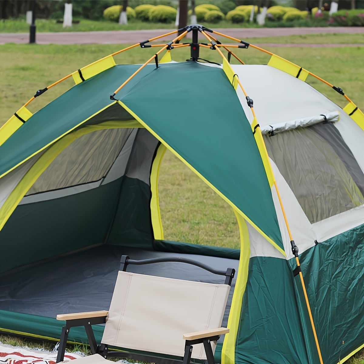 4-Person Pop-Up Camping Tent, Instant Setup with UV Protection, Insect Netting & Sunshade, Automatic Family Tent in Dark Green for Beach, Park, Camping, Hiking, and Outdoor Adventures, Featuring Sturdy Zippers & Support Poles