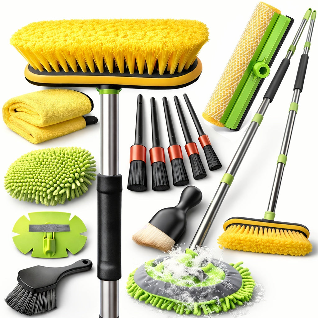 69-Inch Car Wash Brush with Long Handle, 8-Piece Car Wash Kit – Tire Brush, Window Squeegee, Chenille Microfiber Mitt, Detailing Brushes for Car, Truck, SUV, RV – Extendable Car Cleaning Supplies