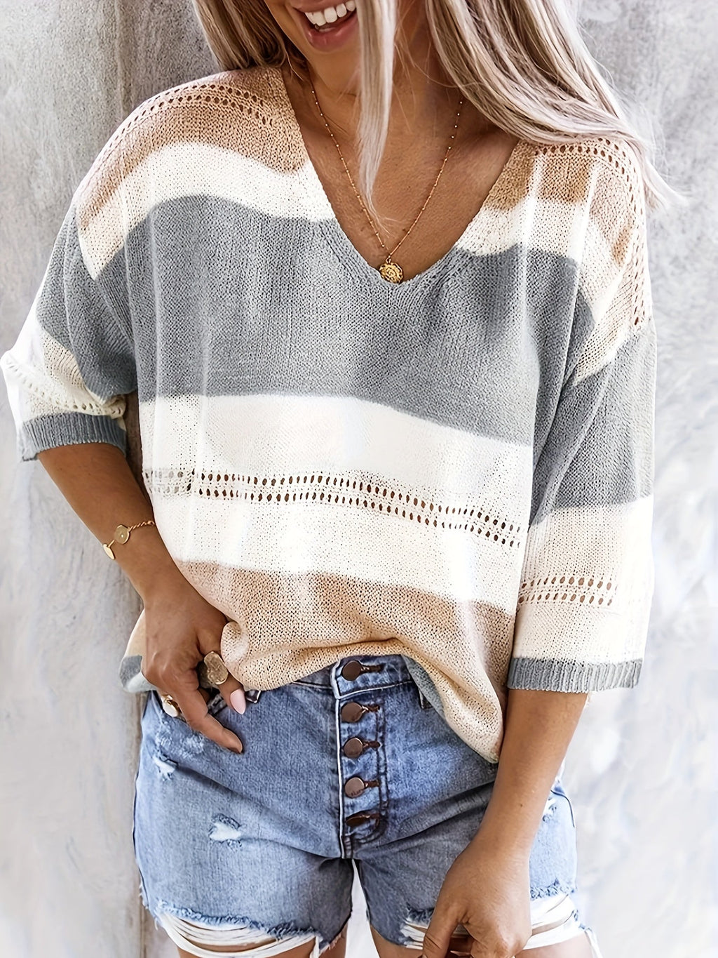 Women's V-Neck Hollow-Out Off-Shoulder Colorblock Stripe Knit Top - Casual Summer Blouse for Daily Wear and Beach Vacations