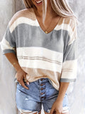 Women's V-Neck Hollow-Out Off-Shoulder Colorblock Stripe Knit Top - Casual Summer Blouse for Daily Wear and Beach Vacations