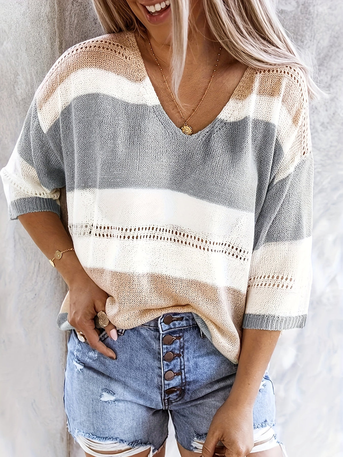 Women's V-Neck Hollow-Out Off-Shoulder Colorblock Stripe Knit Top - Casual Summer Blouse for Daily Wear and Beach Vacations