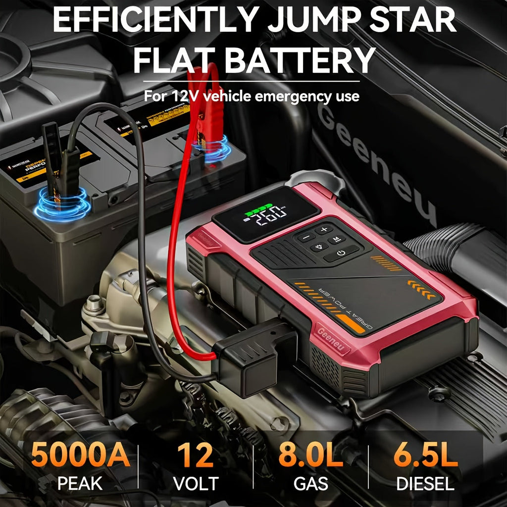 9-in-1 Portable Jump Starter with Air Compressor for 12V Vehicles (Up to 8.0L Gas / 6.5L Diesel) – Battery Booster Pack with Tire Inflator, USB Power Bank, LED Emergency Light & Roadside Kit