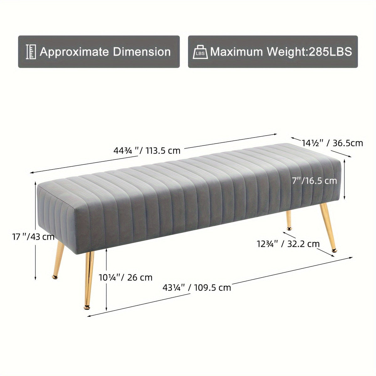 44-Inch Luxury Velvet Shoe Changing Bench with Gold-Plated Legs Entryway Bedroom End Footrest & Step Stool Sturdy Frame Elegant Decor – Black Pink Grey Dark Green
