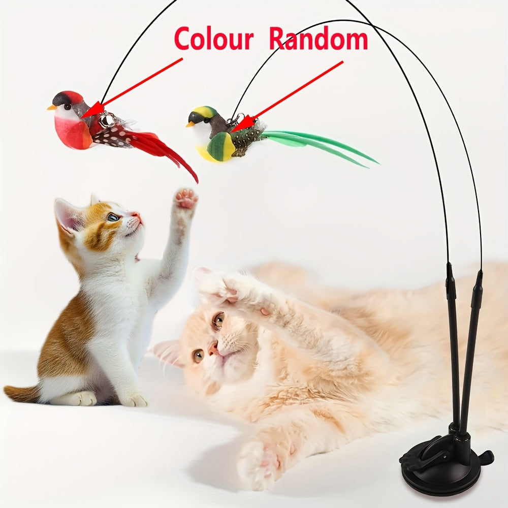 Interactive Cat Feather Bird Teaser Toy with Suction Cup Base – Hands-Free Dual-Rod Cat Wand Toy, Battery-Free Indoor & Outdoor Cat Toy, Non-Toxic Polyester, 2 Artificial Birds Included, Mixed Colors