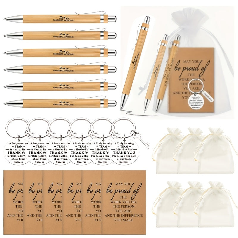 24-Piece Inspirational Gift Set: Bamboo Retractable Pen, Keychain, Gratitude Notebook, and Gift Bag – Bulk Appreciation Gifts for Employees, Teachers, Thanksgiving, and Christmas