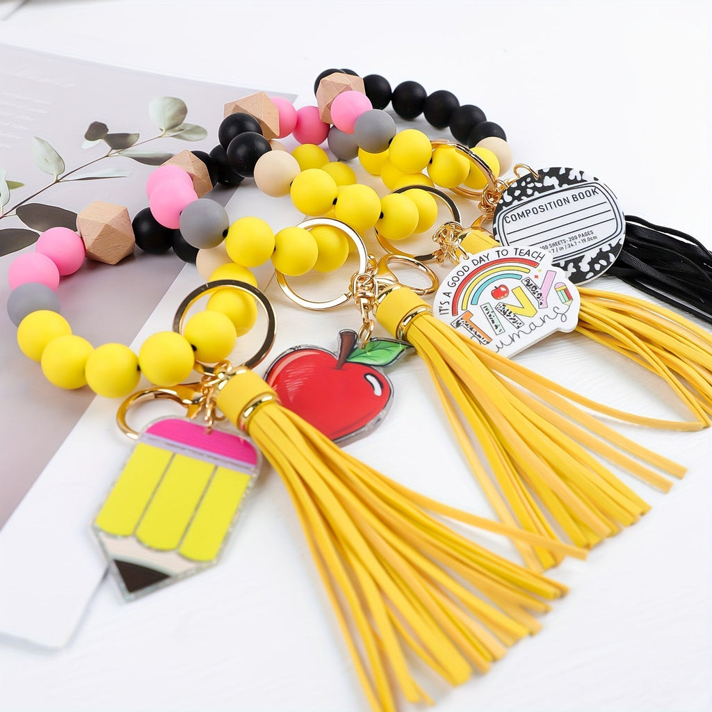 4-Piece Teacher Beaded Keychain Gift Set – Handmade Pencil, Apple, Notebook, and TEACH Charm Keychains with Lobster Clasp, Perfect for Teacher's Day, Graduation, Back to School, or Bag Decoration