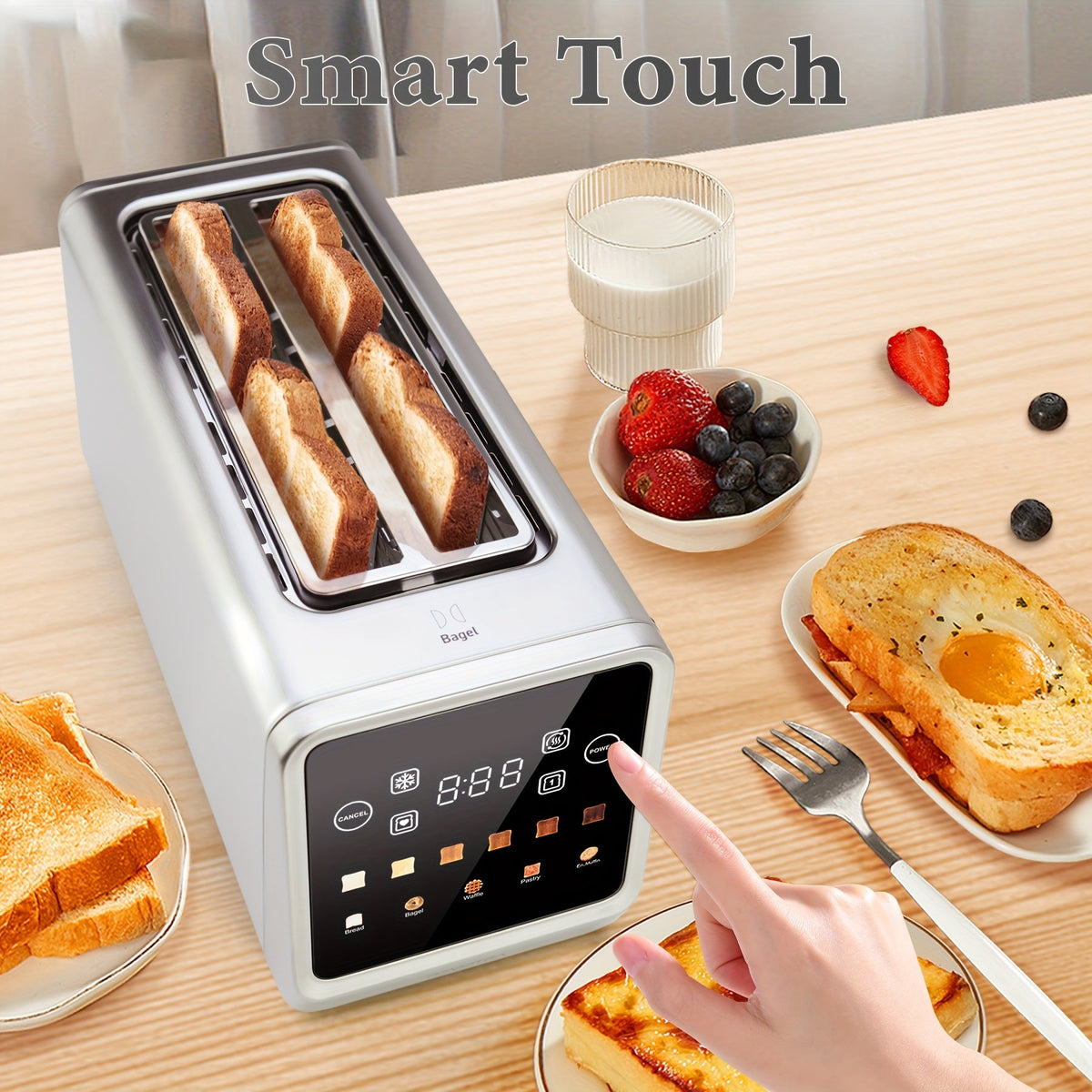 4-Slice Long Slot Toaster – Touchscreen LED Display 1.5" Extra Wide Slots for Thick Bread & Bagels Countdown Timer Memory Function Dual Control 6 Shade Settings Stainless Steel