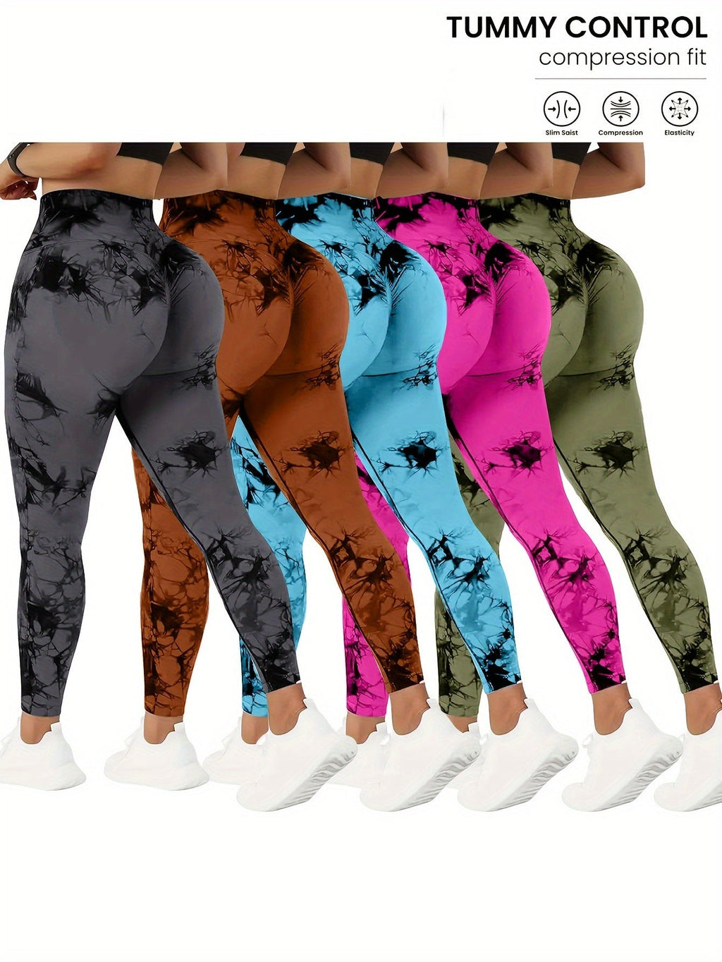 5-Pack Women's High-Waisted Yoga Pants with Tummy Control, Tie-Dye Stretchy Fitness Leggings, Peach Lift Running Tights, All-Season Activewear in Various Colors