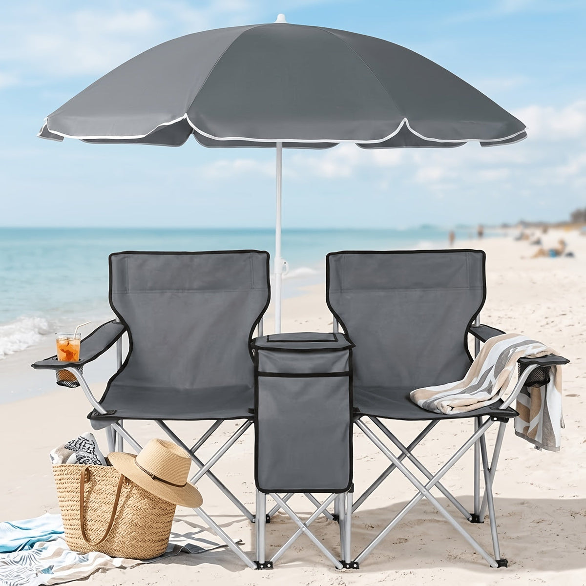 2-Person Camping Chair with Detachable Canopy – Folding Outdoor Loveseat with Cup Holders Cooler Table & Carry Bag for Beach Picnic Fishing BBQ