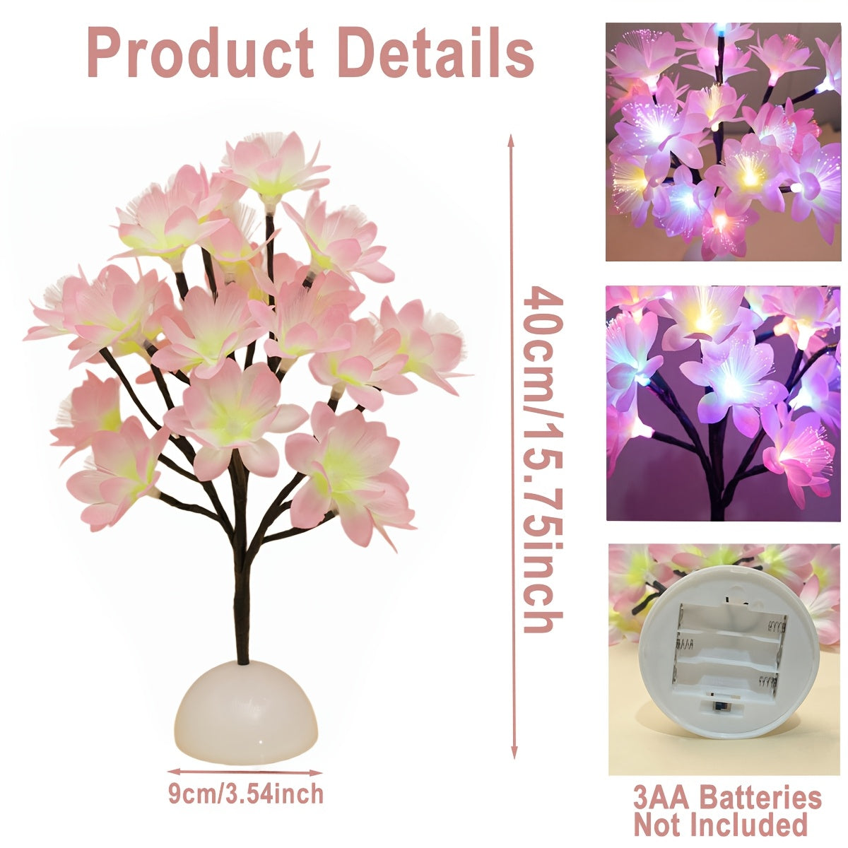 Pink Fiber Optic Tree Light Colorful Glowing Desktop Night Light Battery Powered Artificial Flower Tree for Bedroom Living Room Christmas Home Decor Multicolor