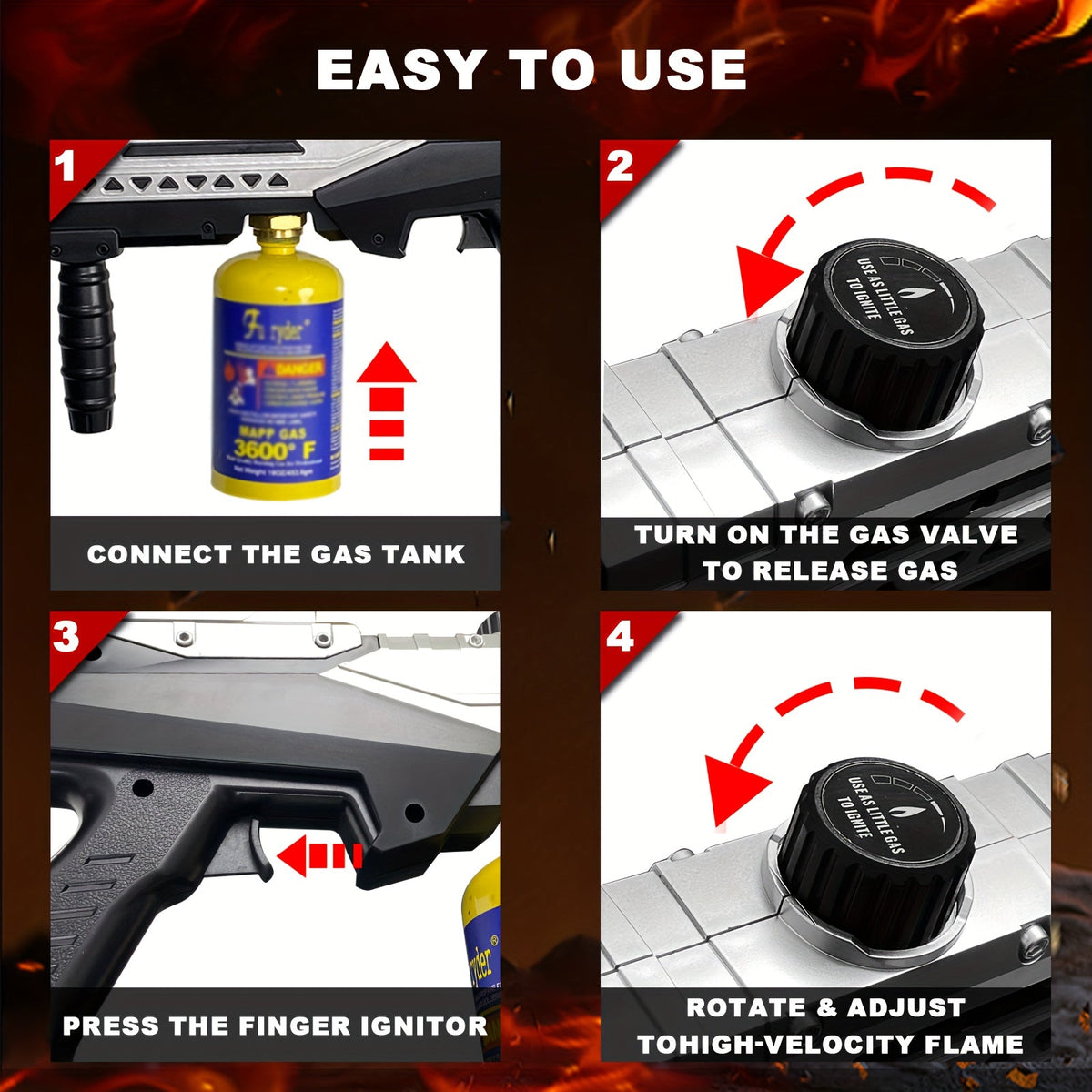 Propane Torch Gun - 800,000 BTU Adjustable Flamethrower for BBQ Searing, Charcoal Lighting, Camping, Weed Control & Fire Starting - Black & Silver (Propane Tank Not Included)