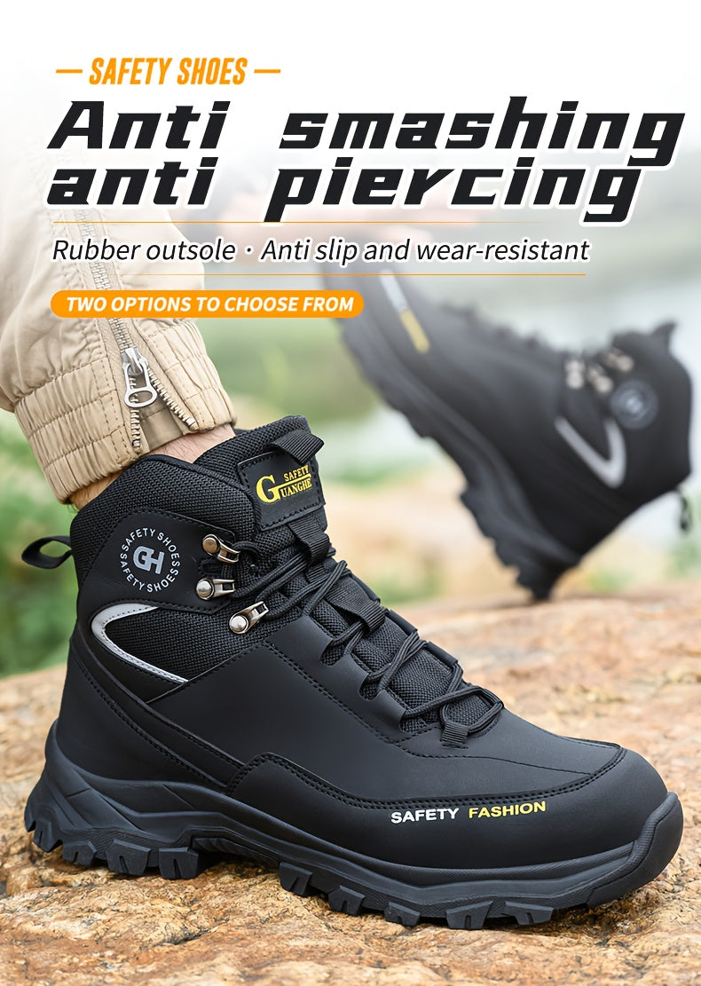 Men's Steel Toe Work Boots, Heavy Duty, All-Terrain Rubber Sole, Cushioned Insole, Arch Support, Four-Season Construction, Industrial, Farm, and Outdoor Boots, Black/Army Green, US Sizes 6-11
