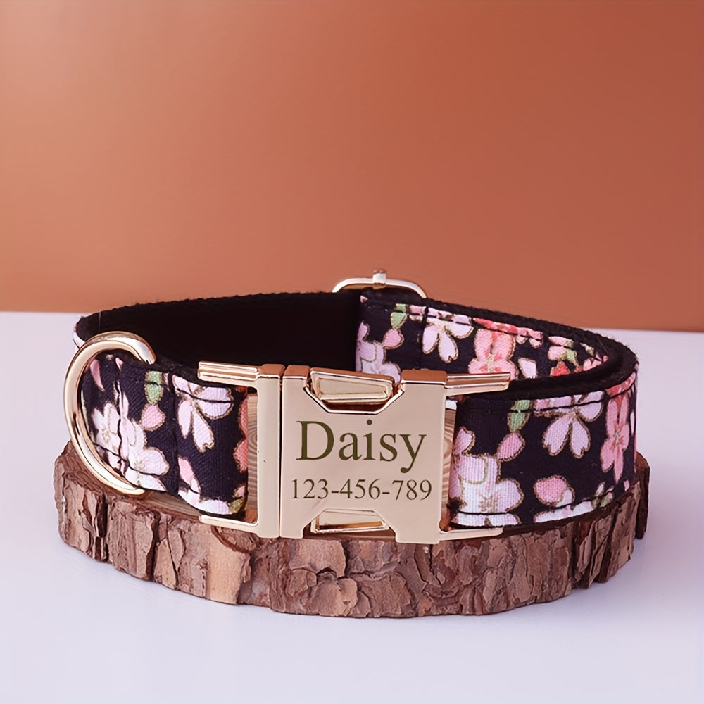Personalized Dog Collar with ID Tag - Customizable Anti-Lost Pet Collar in 21 Styles, Adjustable XS to XL for Small, Medium, and Large Dogs, Plaid, Floral, and Dot Patterns, Engraved Contact Information