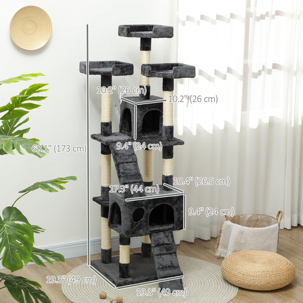 68-Inch Multi-Level Cat Tree Tower with 2 Condos, Sisal Scratching Posts, Plush Perches, Ladders & Dangling Toys, Sturdy Particle Board Base, for Cats up to 10 lbs, 19.3"x19.3"x68.1"