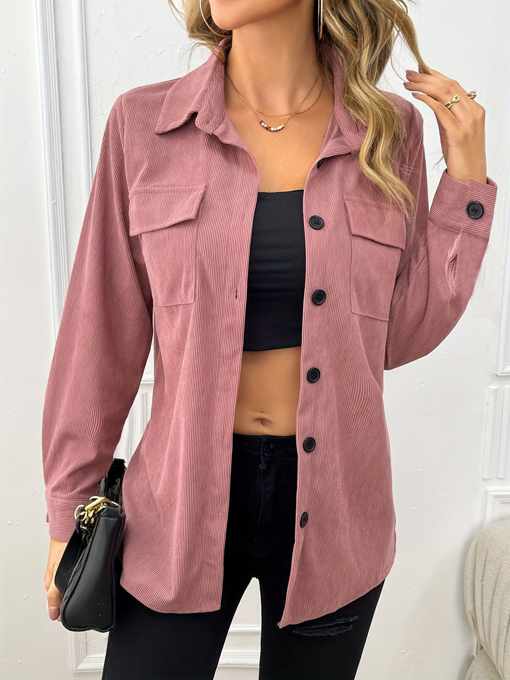 Women's Corduroy Shirt Jacket Lapel Front Pocket Long Sleeve Shacket Casual Fall Outerwear Pale Pink Gray Peacock Blue Black XS S M L XL