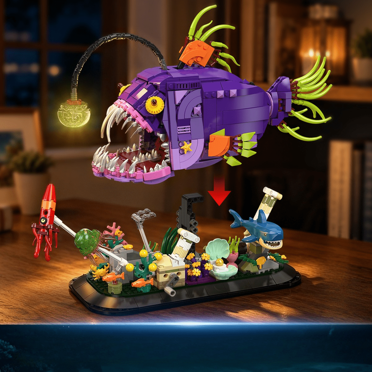 1145-Piece Anglerfish Building Blocks Set ABS Movable Mechanical Deep Sea Monster with Seabed Diorama Adjustable Jaw Spinning Jellyfish for Adult Display & Birthday Christmas Gift – Purple