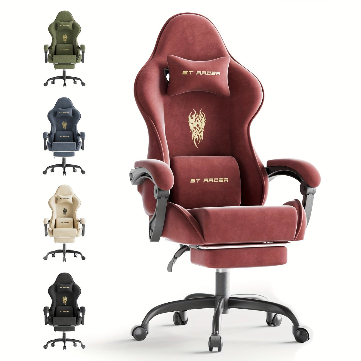Velvet Fabric Gaming Chair with Footrest & Massage Lumbar Cushion – High Back Ergonomic Gamer Chair for Adults, Breathable Fire Embroidery Velvet, 5 Colors: Black Red Blue Gray Green Beige – Nova Mart