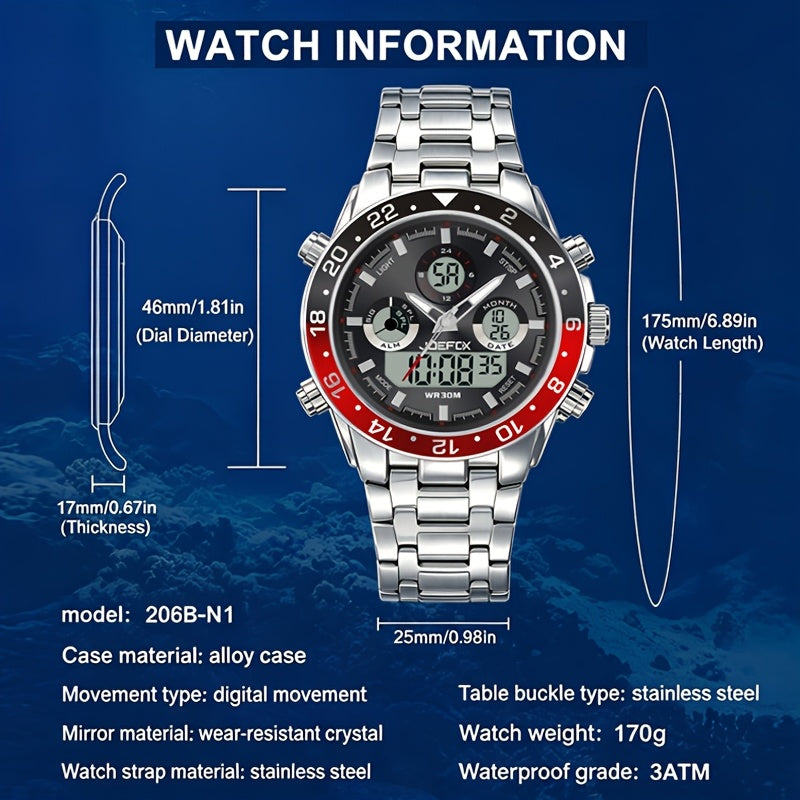 Men's Vintage Business Chronograph Watch with Steel Band – Dual Movement Waterproof Wristwatch with Band Adjustment Tool, Father's Day Birthday Gift for Men