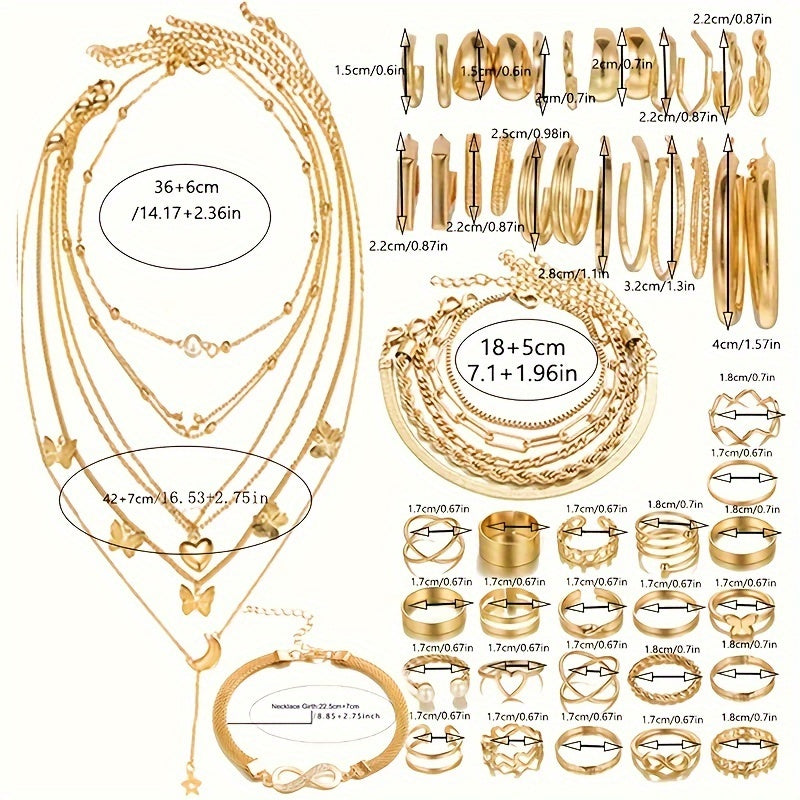 57-Piece Boho Jewelry Set for Women - Bracelets, Rings, Anklets, Earrings, Necklaces, Gold & Silver Elegant Layering Accessories for Daily Wear, Vacation, Beach, Festivals & Gifts
